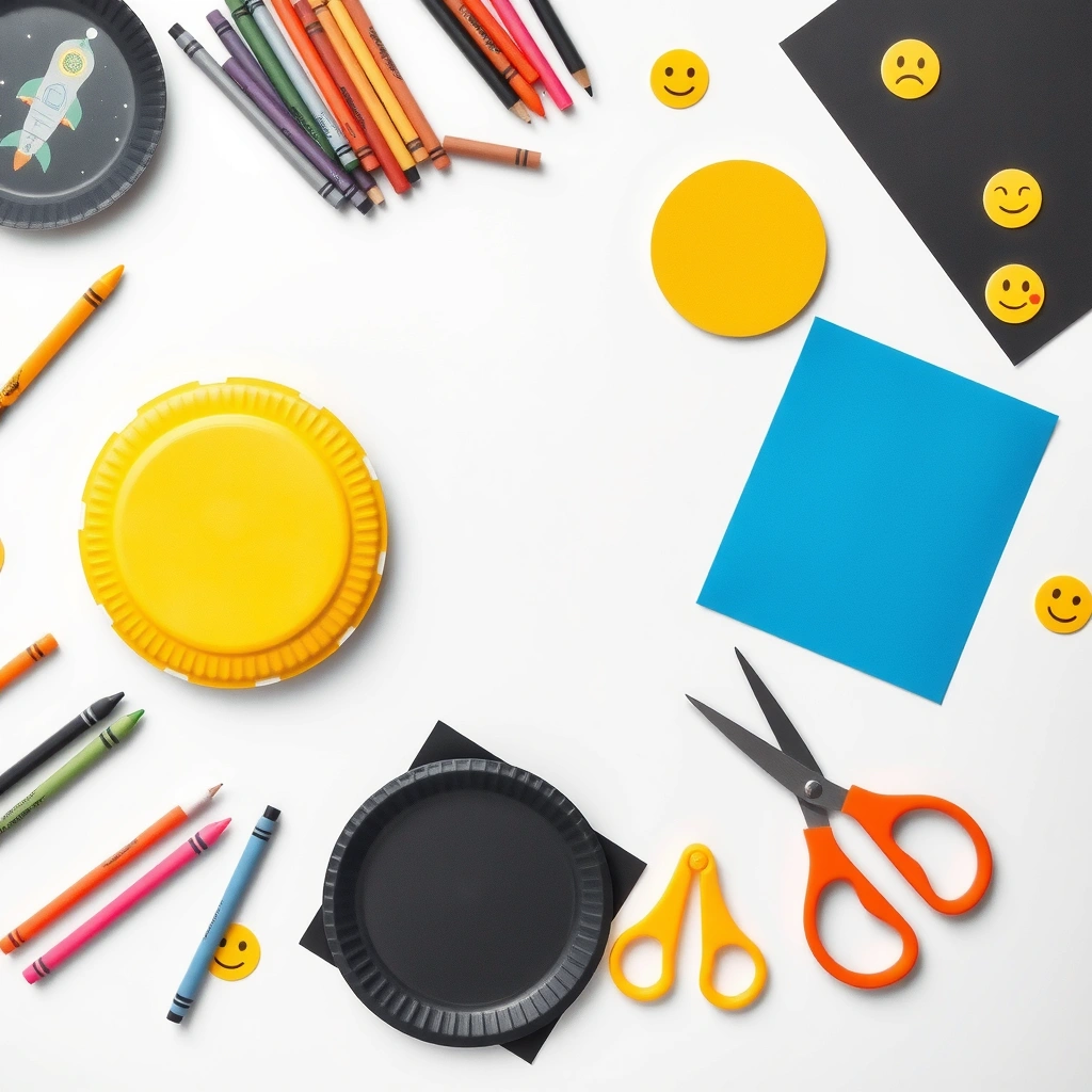 Flatlay materiałów plastycznych — zestaw do zajęć - Materiały - Dzień Kosmosu