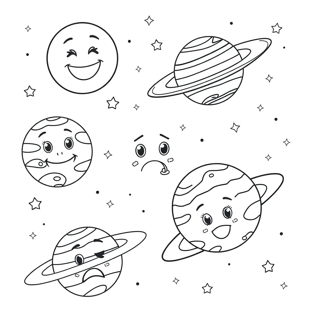 Kolorowanki: Planety-Emotki (kontury) - Kolorowanki - Dzień Kosmosu