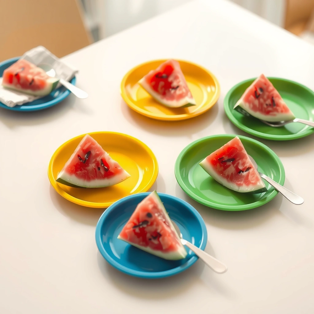 Pokrojone plasterki arbuza na talerzykach (materiał sensoryczny) - Materiały - Dzień Arbuza