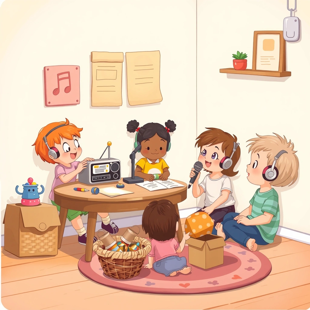 Ilustracja: kącik małego studia radiowego - Materiały - Dzień Radia