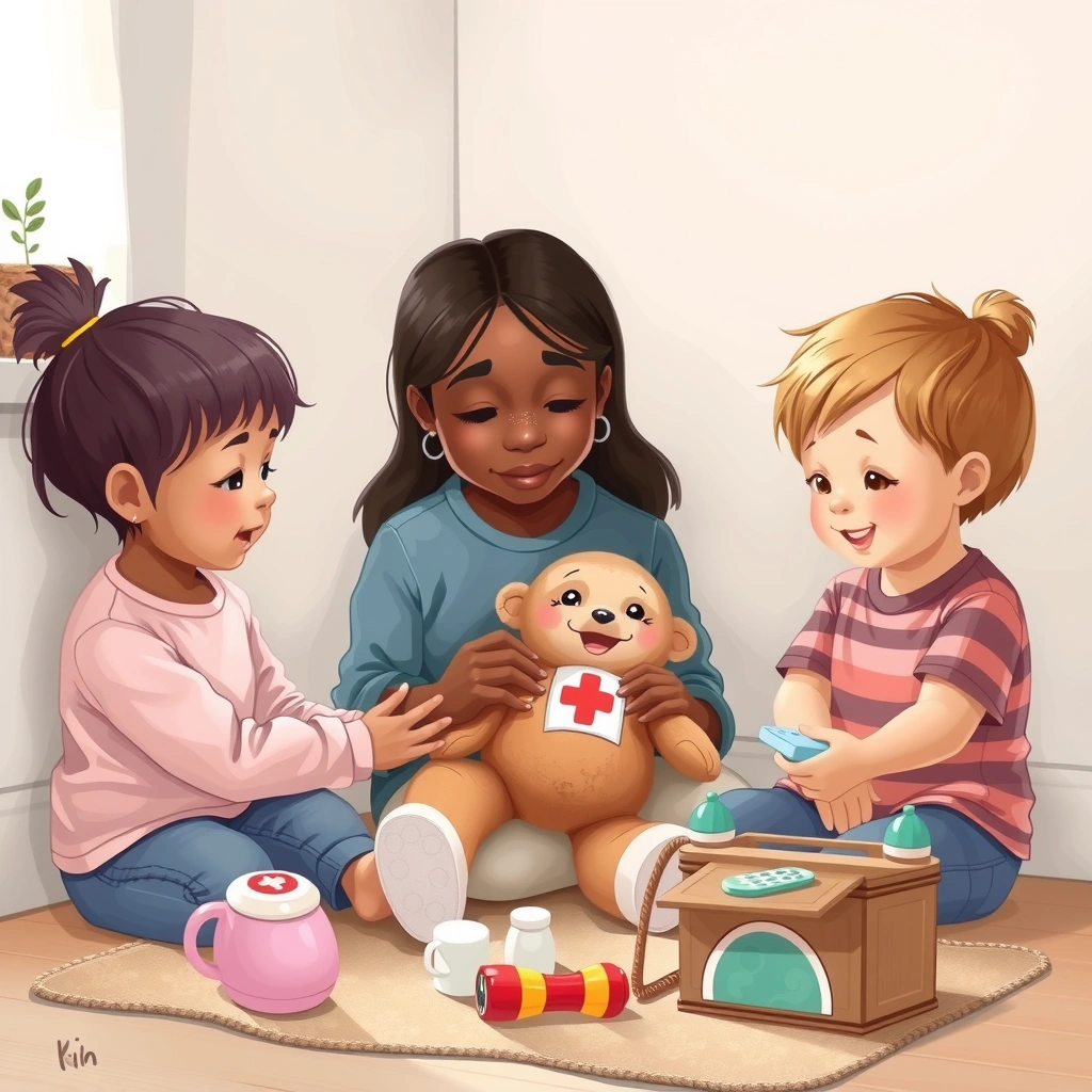 Ilustracja sceny: Dzieci ćwiczą pierwszą pomoc - Materiały - Dzień Pierwszej Pomocy