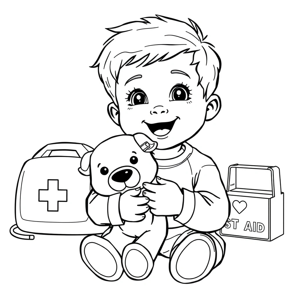 Kolorowanka: Mały Ratownik z pluszakiem - Kolorowanki - Dzień Pierwszej Pomocy