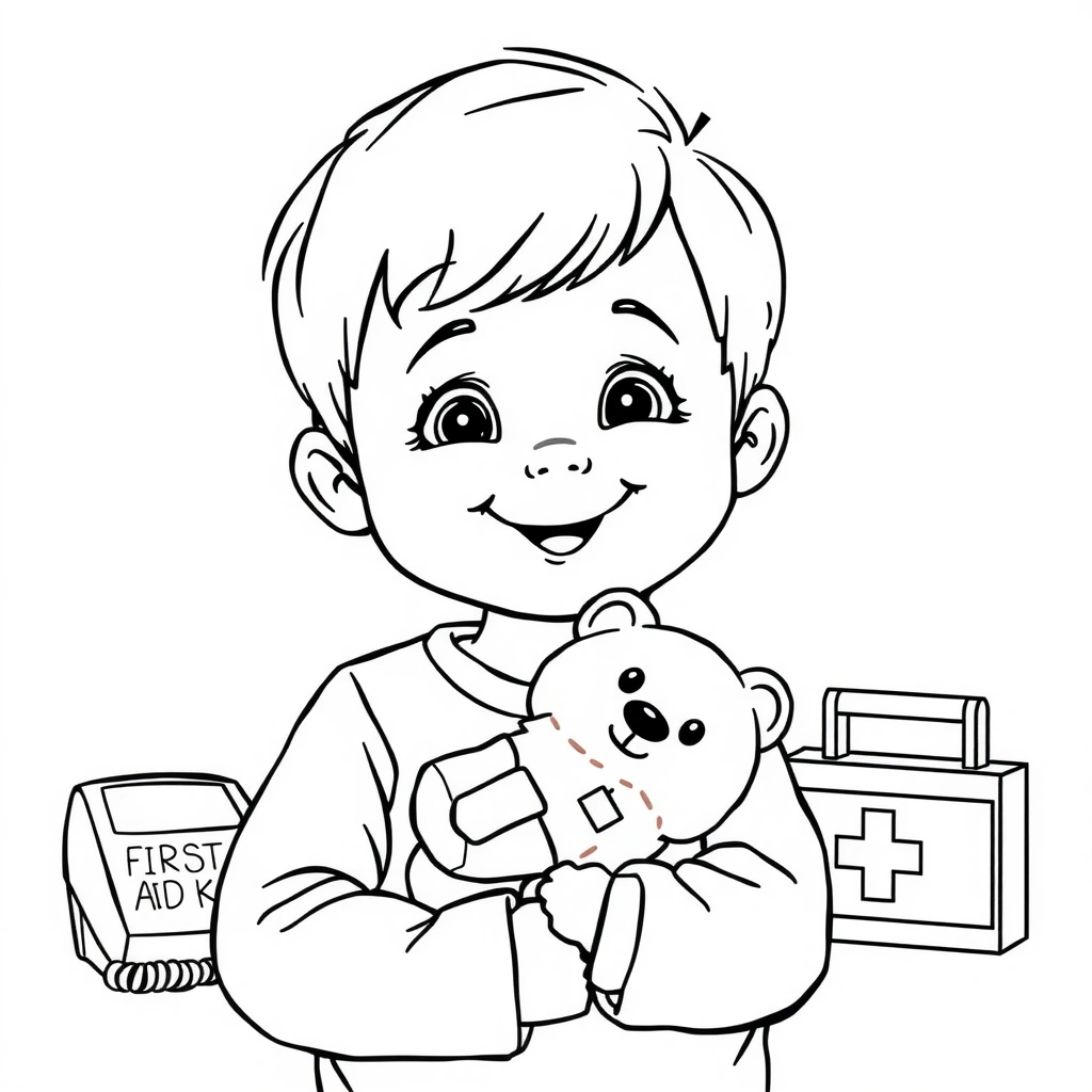 Kolorowanka: Mały Ratownik z pluszakiem - Kolorowanki - Dzień Pierwszej Pomocy