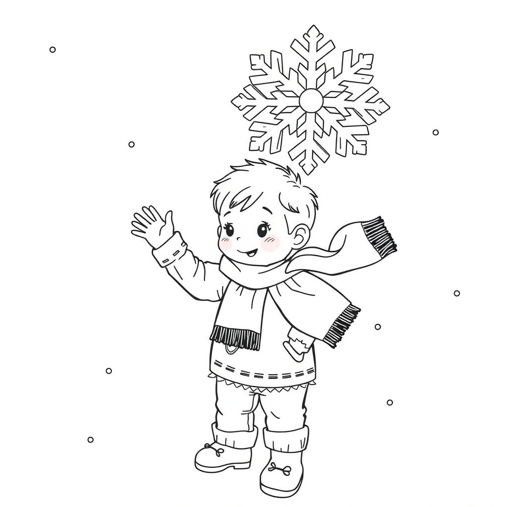Kolorowanka: tańczący płatek i dziecko z chustą - Kolorowanki - Pierwszy Dzień Zimy