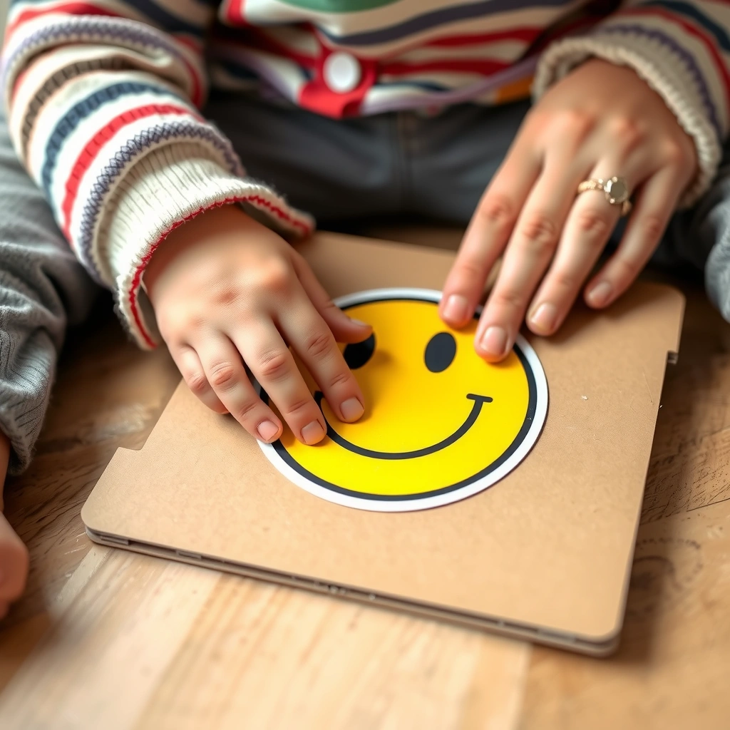 Zbliżenie: rączki dziecka przyklejające naklejkę - Materiały - Dzień Bezpiecznego Internetu