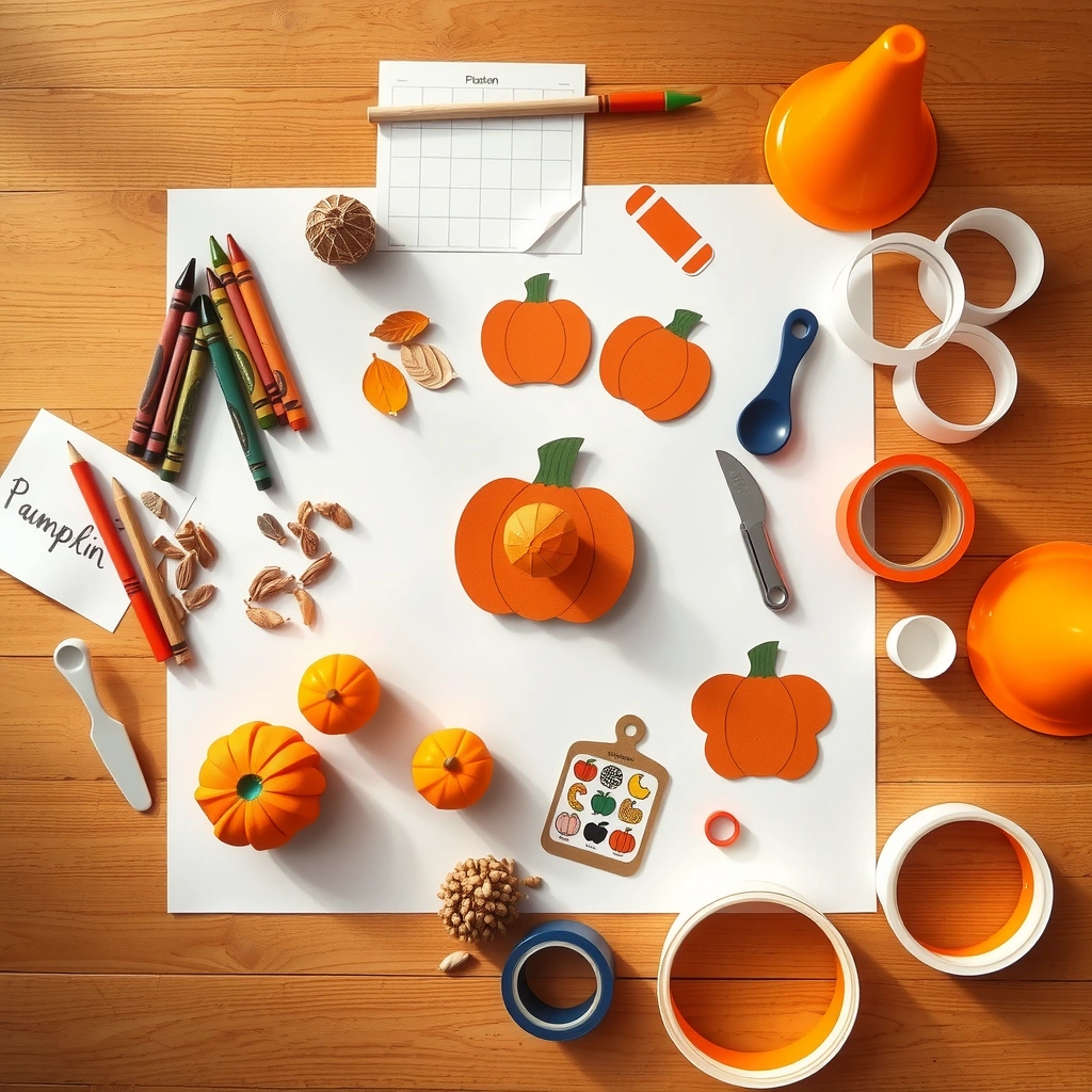 Flat lay materiałów — zestaw potrzebny do zajęć - Materiały - Święto Dyni