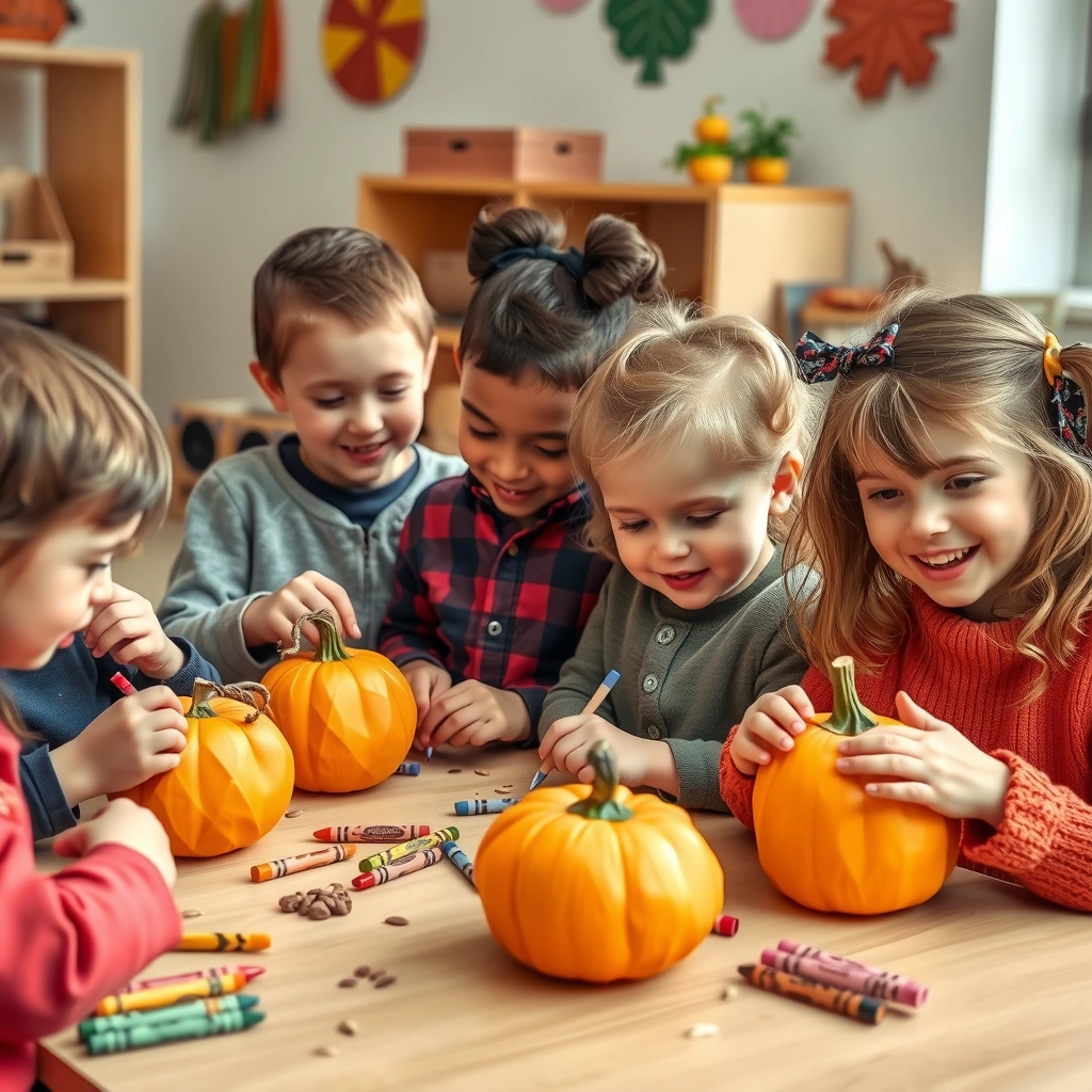 Zdjęcie — Dzieci ozdabiają papierowe dynie - Materiały - Święto Dyni