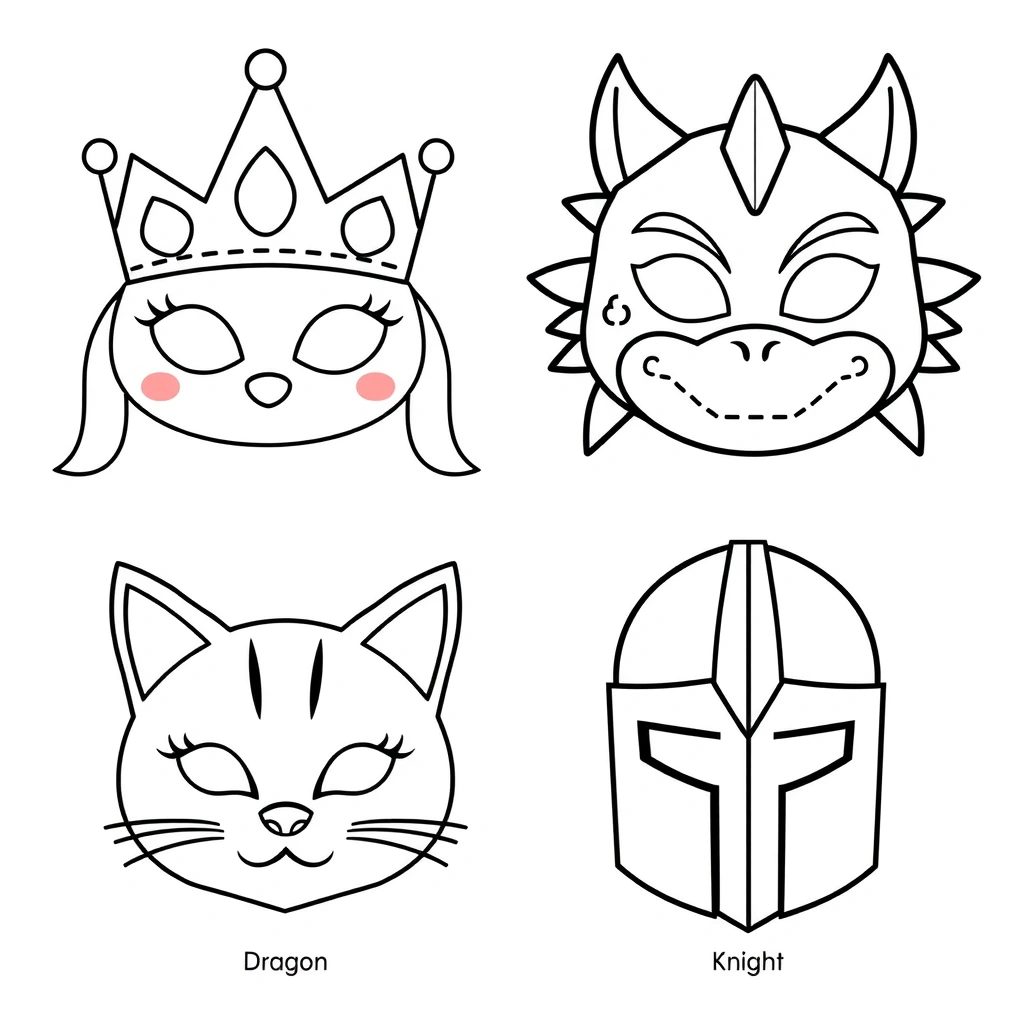 Szablony masek - arkusz do druku (4 maski) - Szablony - Dzień Postaci z Bajek