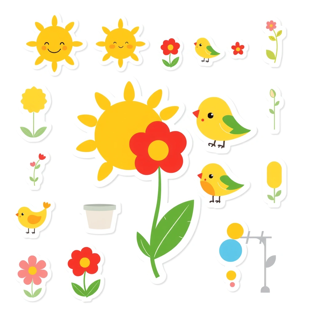 Naklejki pamiątkowe — małe motywy wiosenne (arkusz) - Szablony - Pierwszy Dzień Wiosny