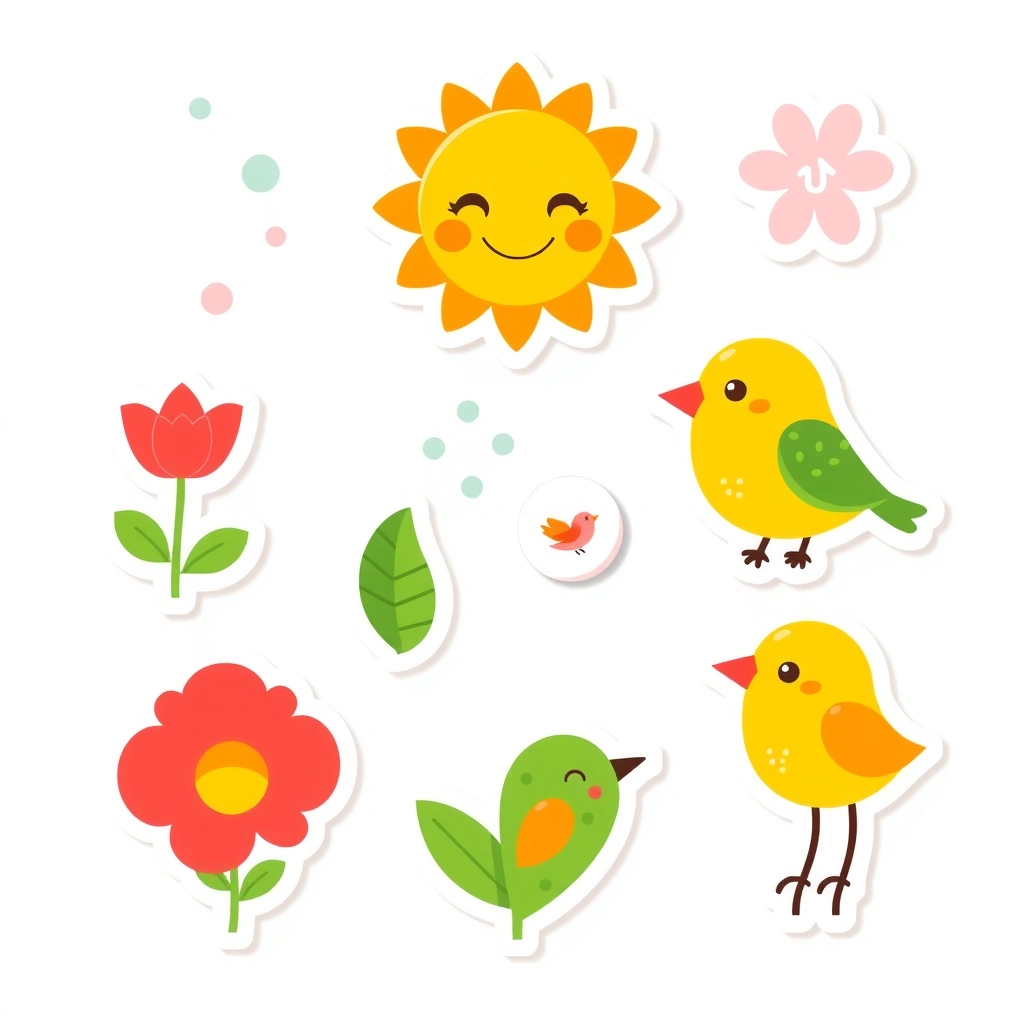 Naklejki pamiątkowe — małe motywy wiosenne (arkusz) - Szablony - Pierwszy Dzień Wiosny