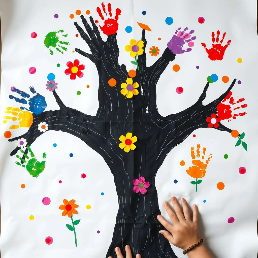 Przykład pracy plastycznej — paluszkowe kwiaty na drzewku - Materiały - Pierwszy Dzień Wiosny