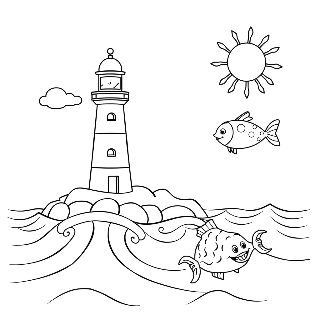 Kolorowanka: latarnia i morze - Kolorowanki - Dzień Latarni Morskich