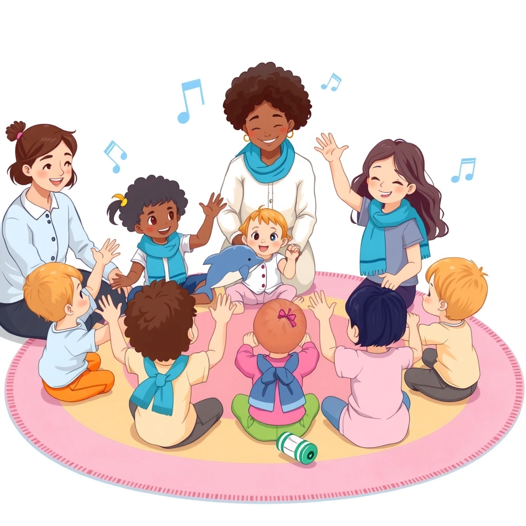 Ilustracja: Krąg dzieci na macie naśladujących delfiny - Materiały - Dzień Delfina