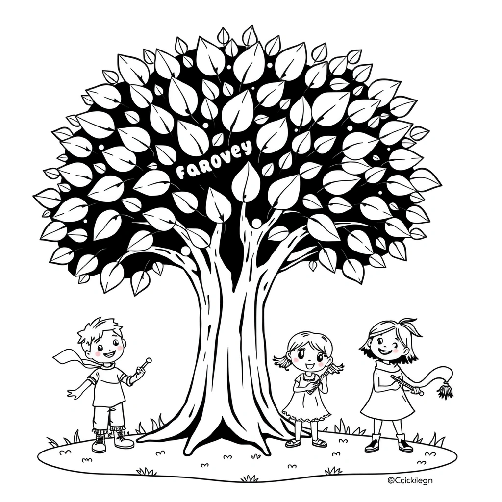 Kolorowanka: Drzewo i instrumenty - Kolorowanki - Dzień Drzewa