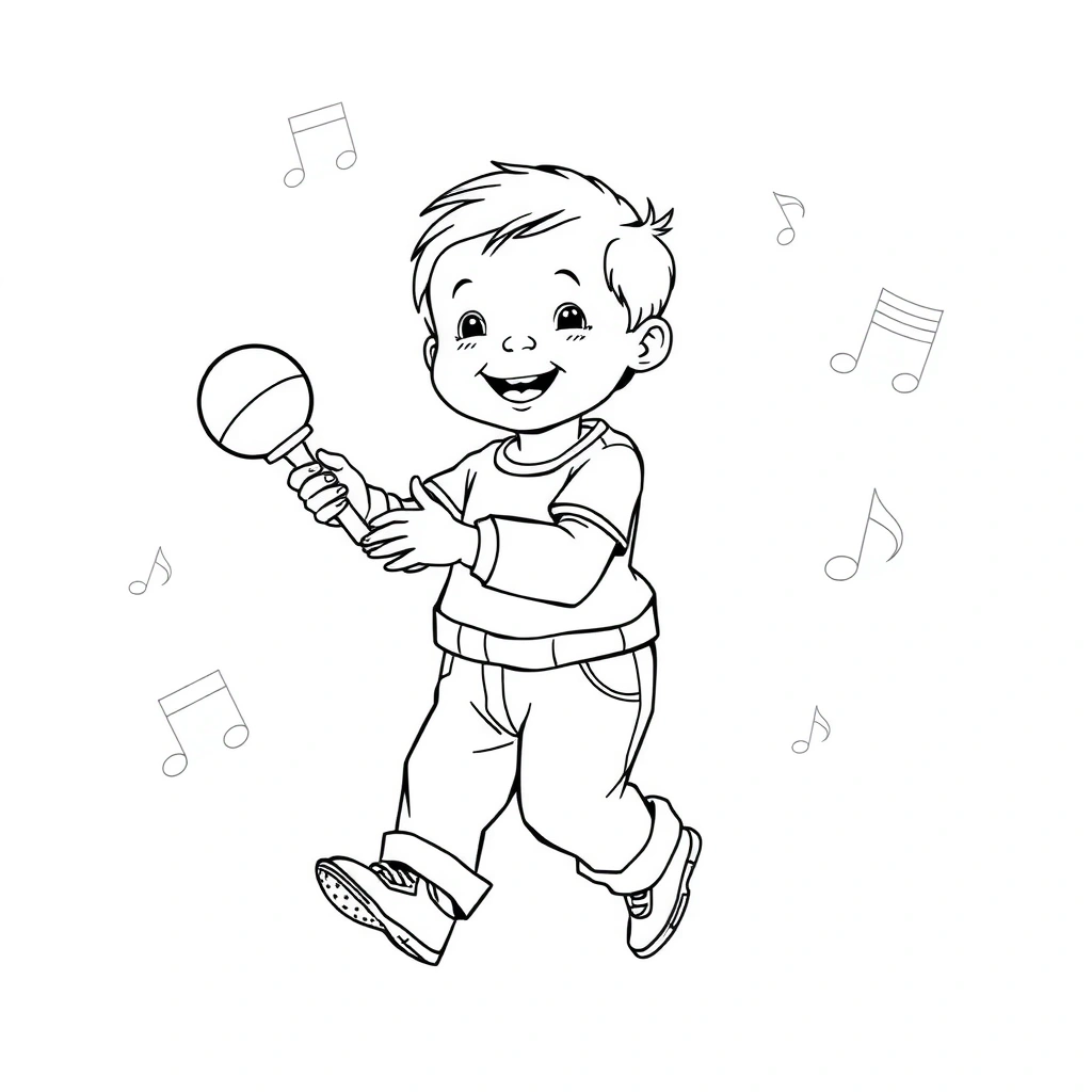 Kolorowanka: Maluch tańczy z grzechotką - Kolorowanki - Dzień Tańca