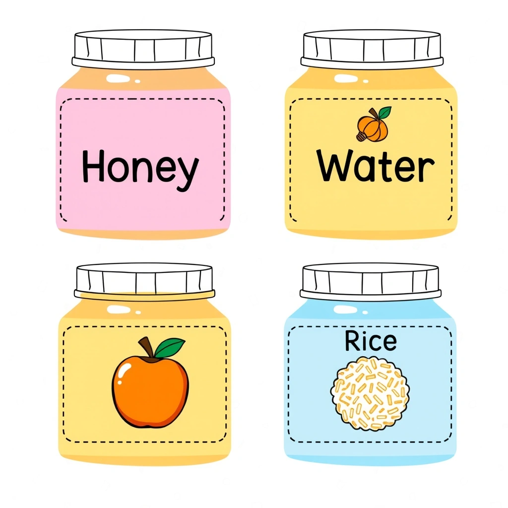 Etykiety do pojemniczków: Miód, Woda, Jabłko, Ryż - Szablony - Dzień Kubusia Puchatka