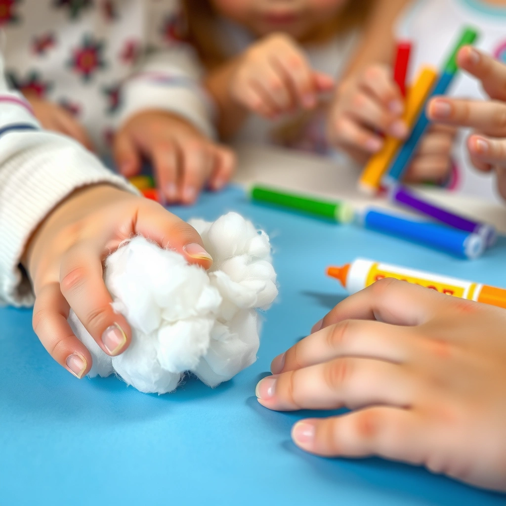 Zbliżenie ręki dziecka przyklejającej watę - Materiały - Światowy Dzień Śniegu