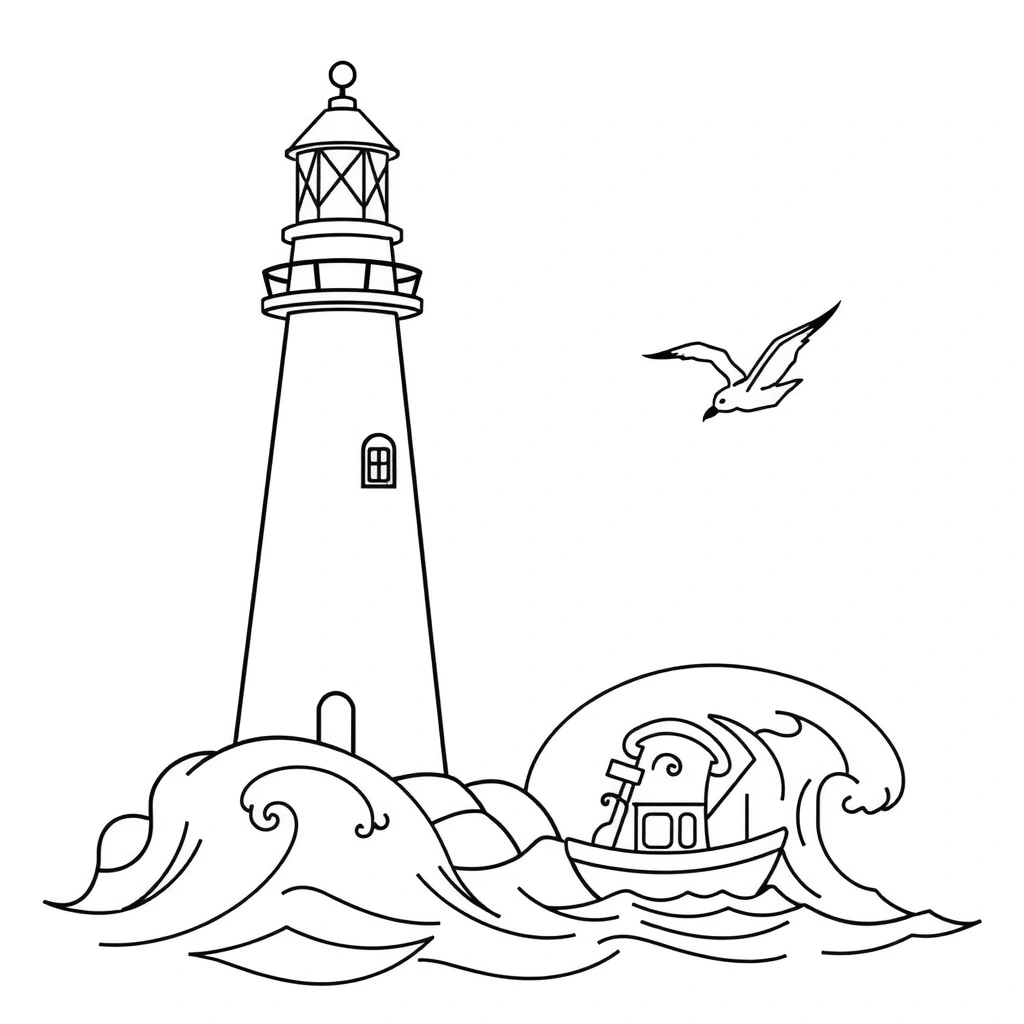 Strona kolorowanki: latarnia i statek (A4) - Kolorowanki - Dzień Latarni Morskich