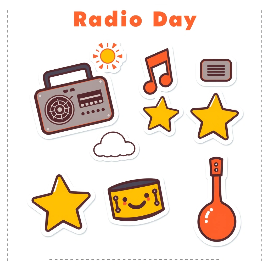 Arkusz naklejek / pieczątek „Dzień Radia” - Materiały - Dzień Radia (kwiecień)