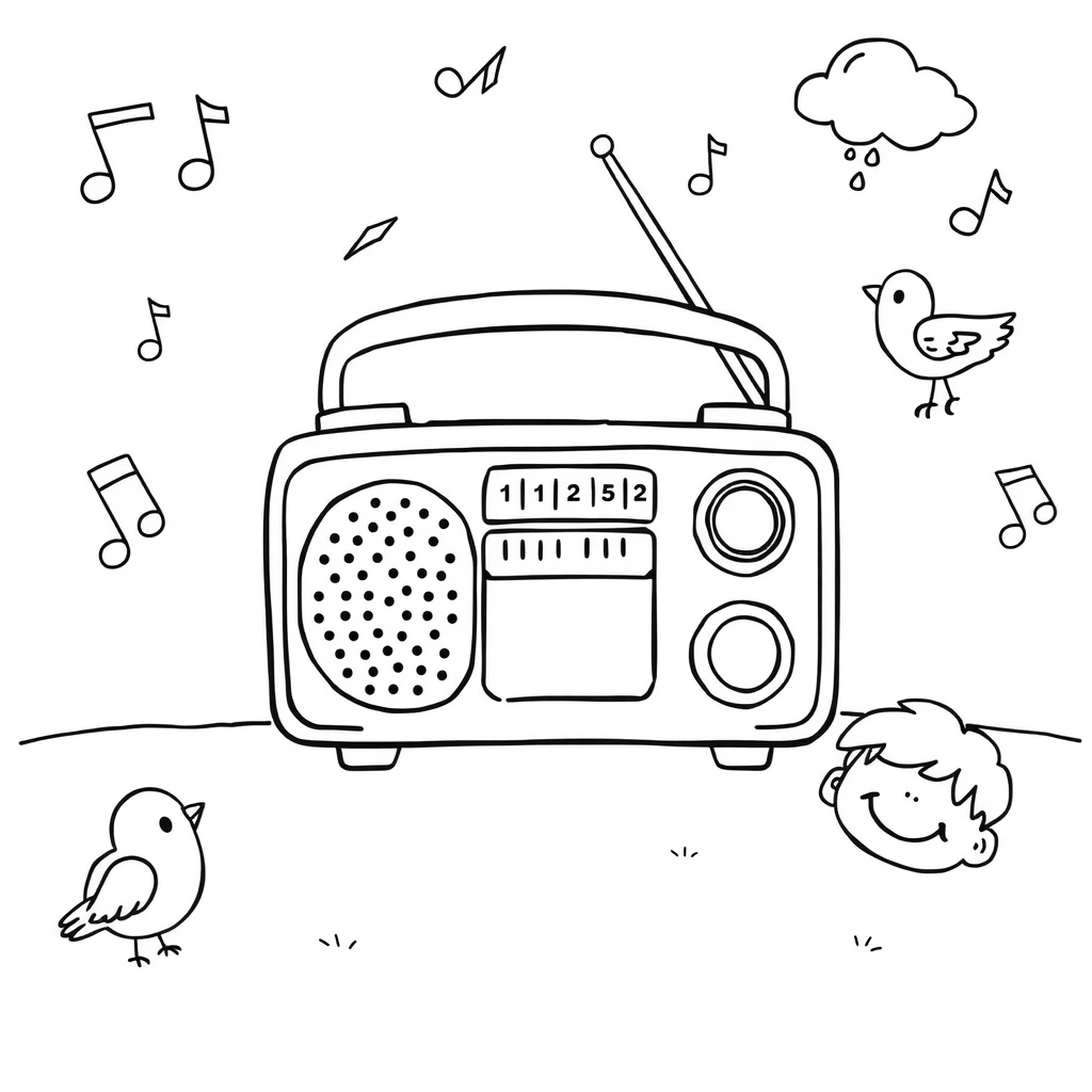 Kolorowanka: Małe radio i dźwięki - Kolorowanki - Dzień Radia (kwiecień)