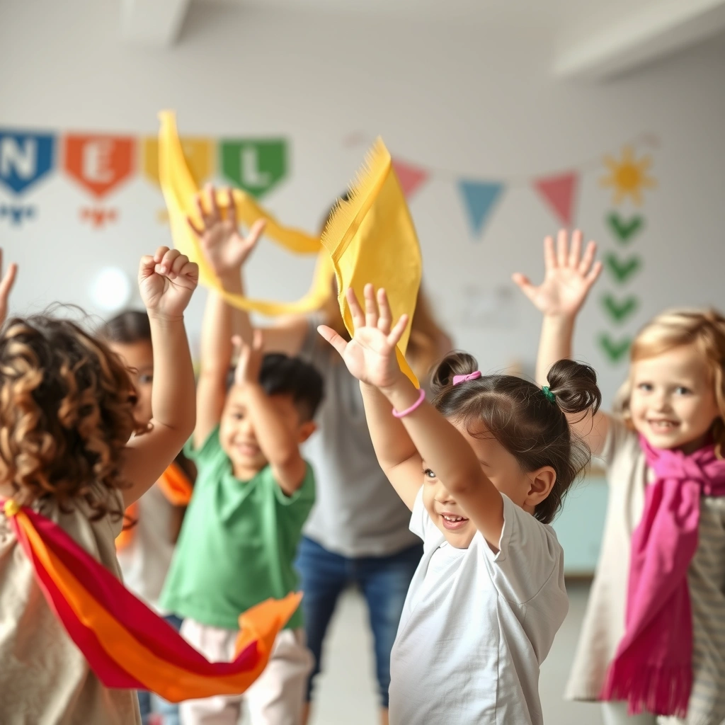 Scena ruchu: dzieci falujące chusteczkami - Materiały - Dzień Dziadka