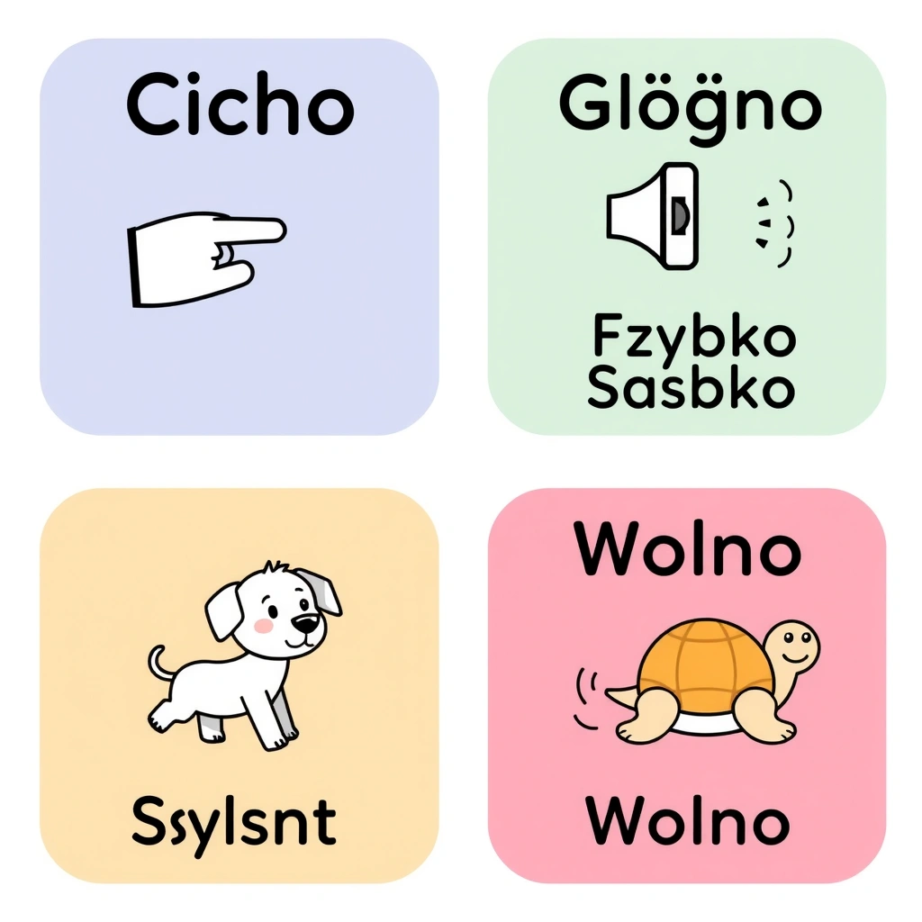 Karty z komendami: Cicho / Głośno / Szybko / Wolno - Szablony - Dzień Kundelka