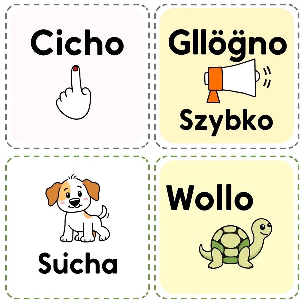 Karty z komendami: Cicho / Głośno / Szybko / Wolno - Szablony - Dzień Kundelka