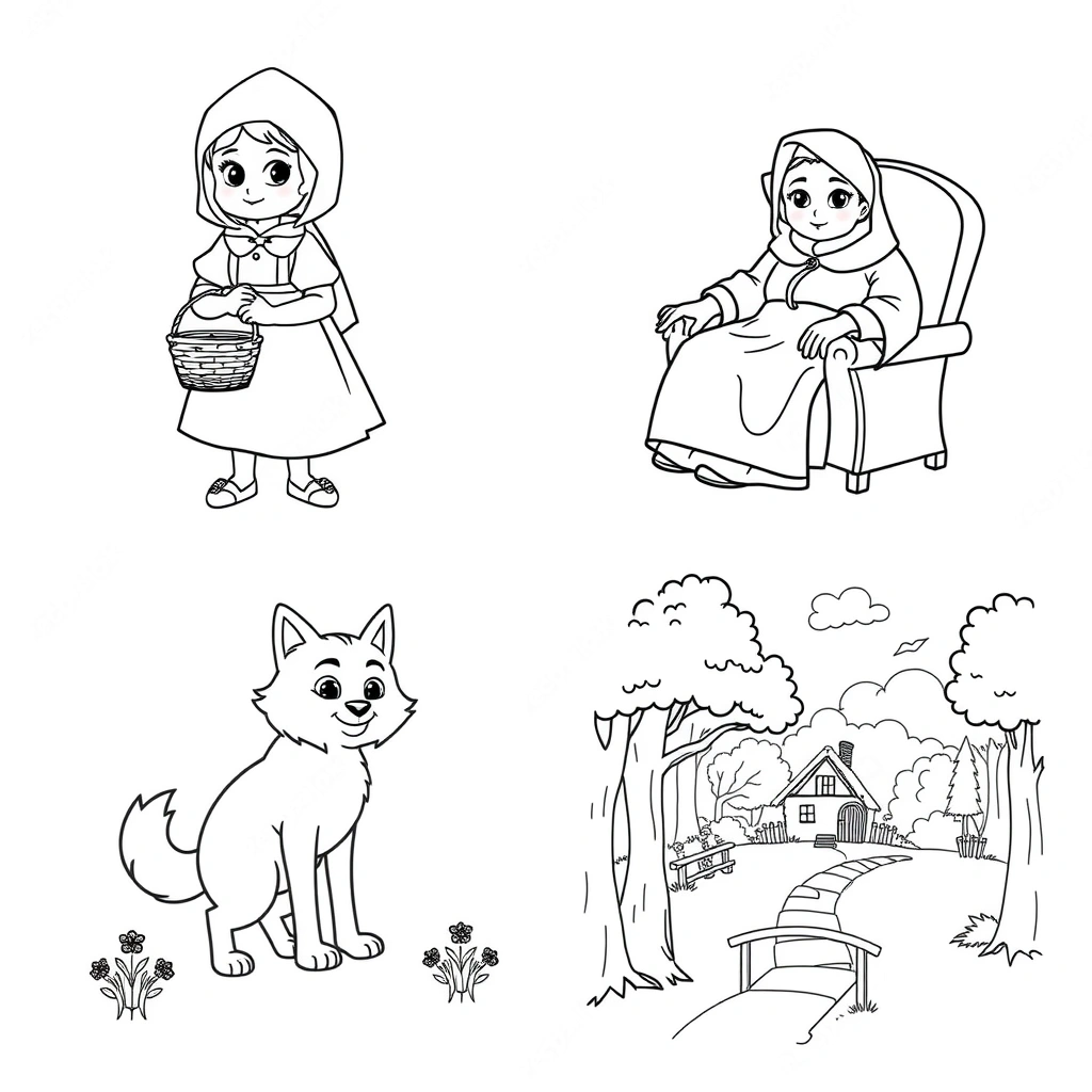 Kolorowanki: Kapturek, Babcia, Wilk, Las (kontury) - Kolorowanki - Dzień Czerwonego Kapturka