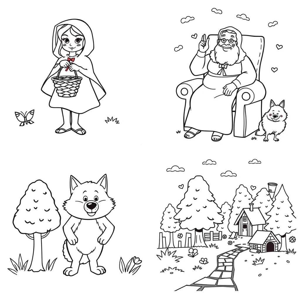 Kolorowanki: Kapturek, Babcia, Wilk, Las (kontury) - Kolorowanki - Dzień Czerwonego Kapturka