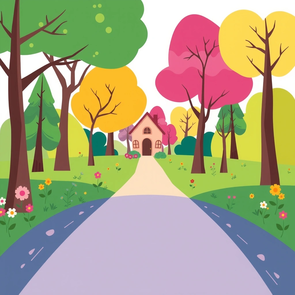 Tło/scena: Leśna ścieżka z domkiem babci - Szablony - Dzień Czerwonego Kapturka