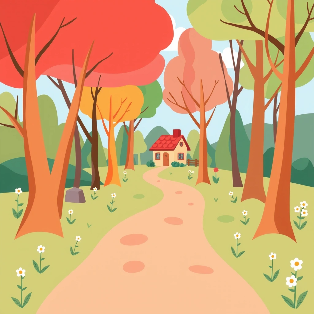 Tło/scena: Leśna ścieżka z domkiem babci - Szablony - Dzień Czerwonego Kapturka