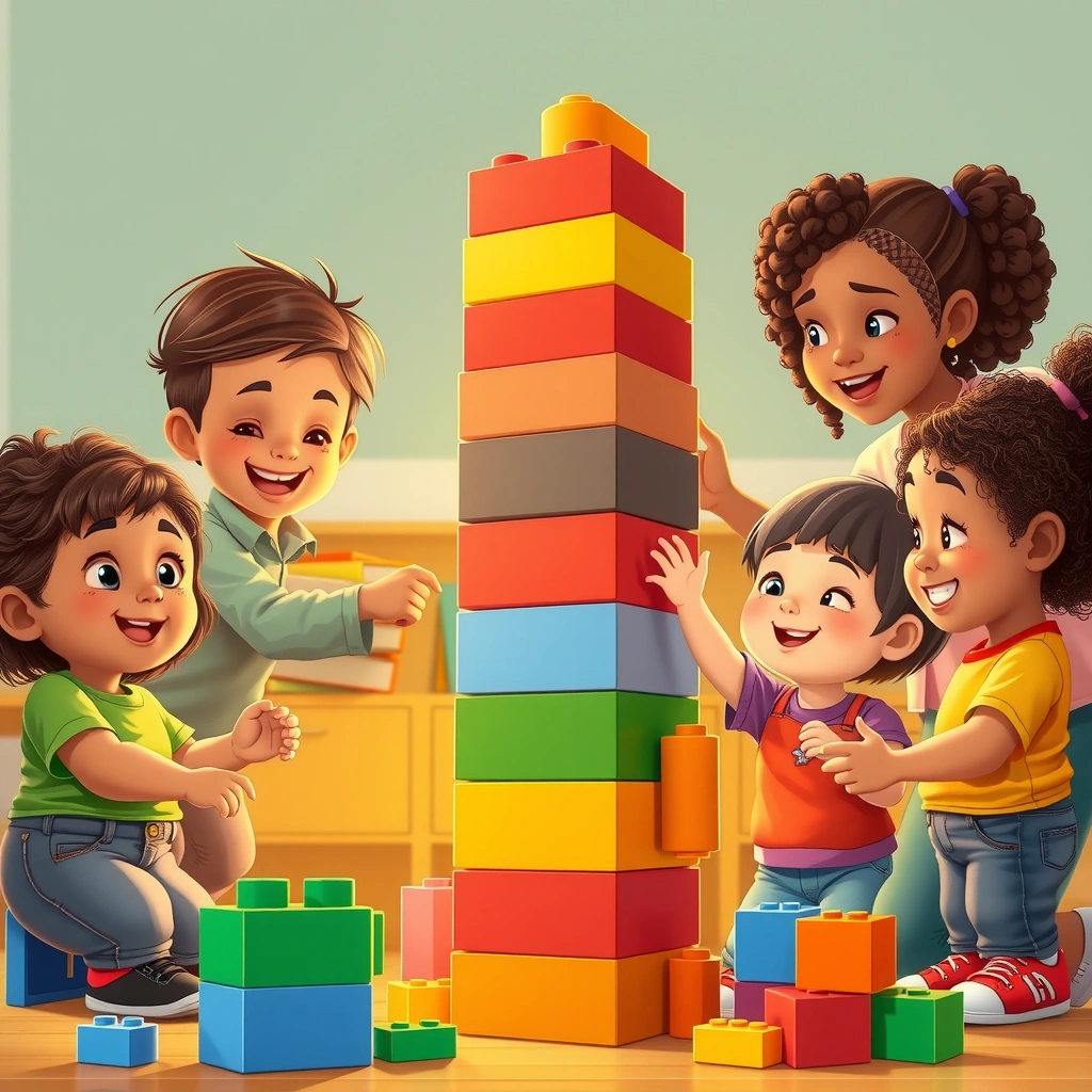 Ilustracja: wspólne budowanie dużej wieży - Materiały - Dzień Klocków LEGO