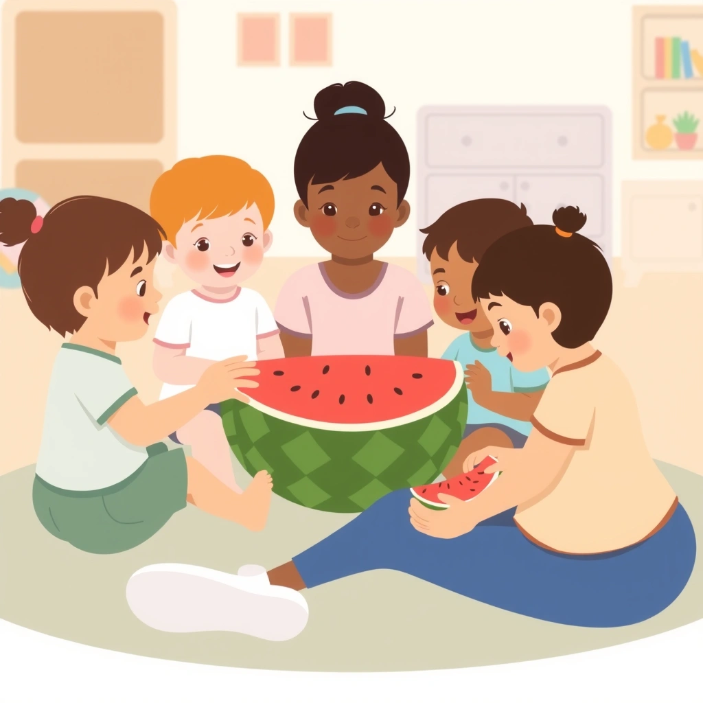 Ilustracja: maluchy dotykają i wąchają arbuza - Materiały - Dzień Arbuza