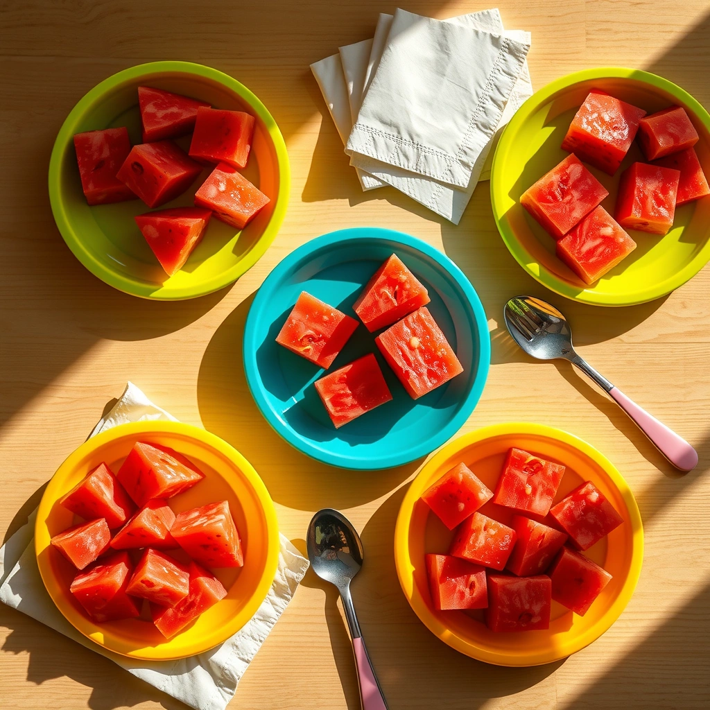 Kawałki arbuza na kolorowych talerzykach - Materiały - Dzień Arbuza