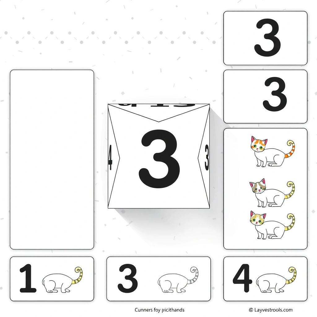 Kostka/liczby 1–3 — karty do losowania - Szablony - Dzień Kota (międzynarodowy)