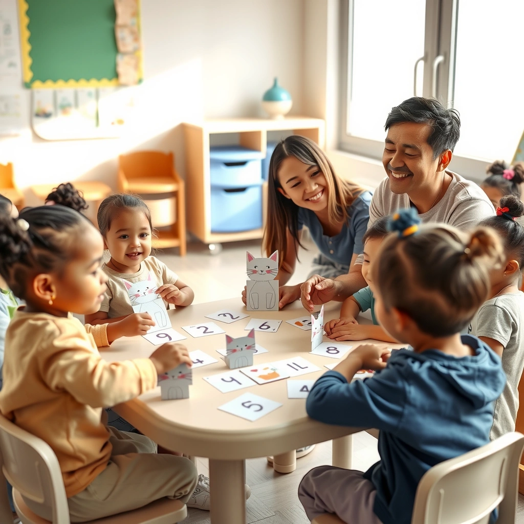 Zdjęcie sceny stacji — dzieci przy stoliku z kotkami - Materiały - Dzień Kota (międzynarodowy)