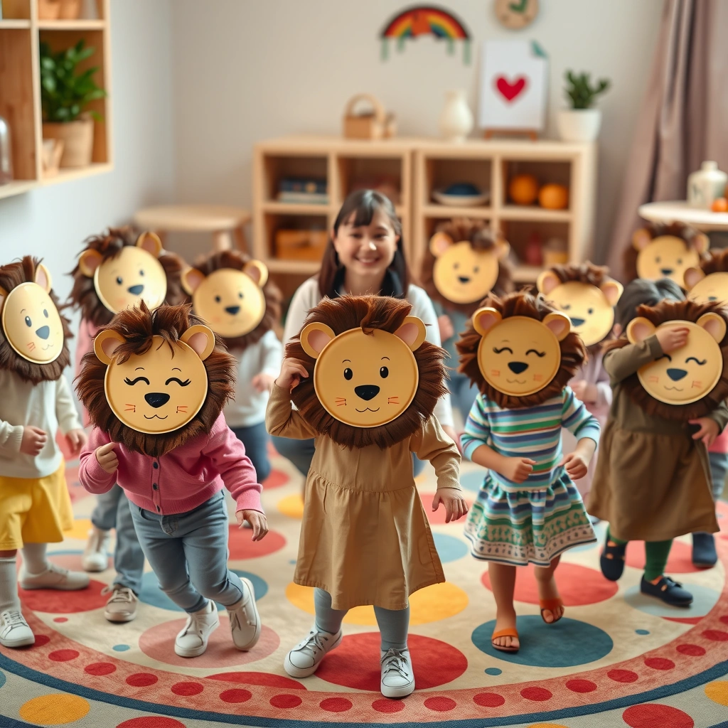 Scena zajęć: dzieci w maskach (ilustracja fotograficzna) - Materiały - Dzień Lwa