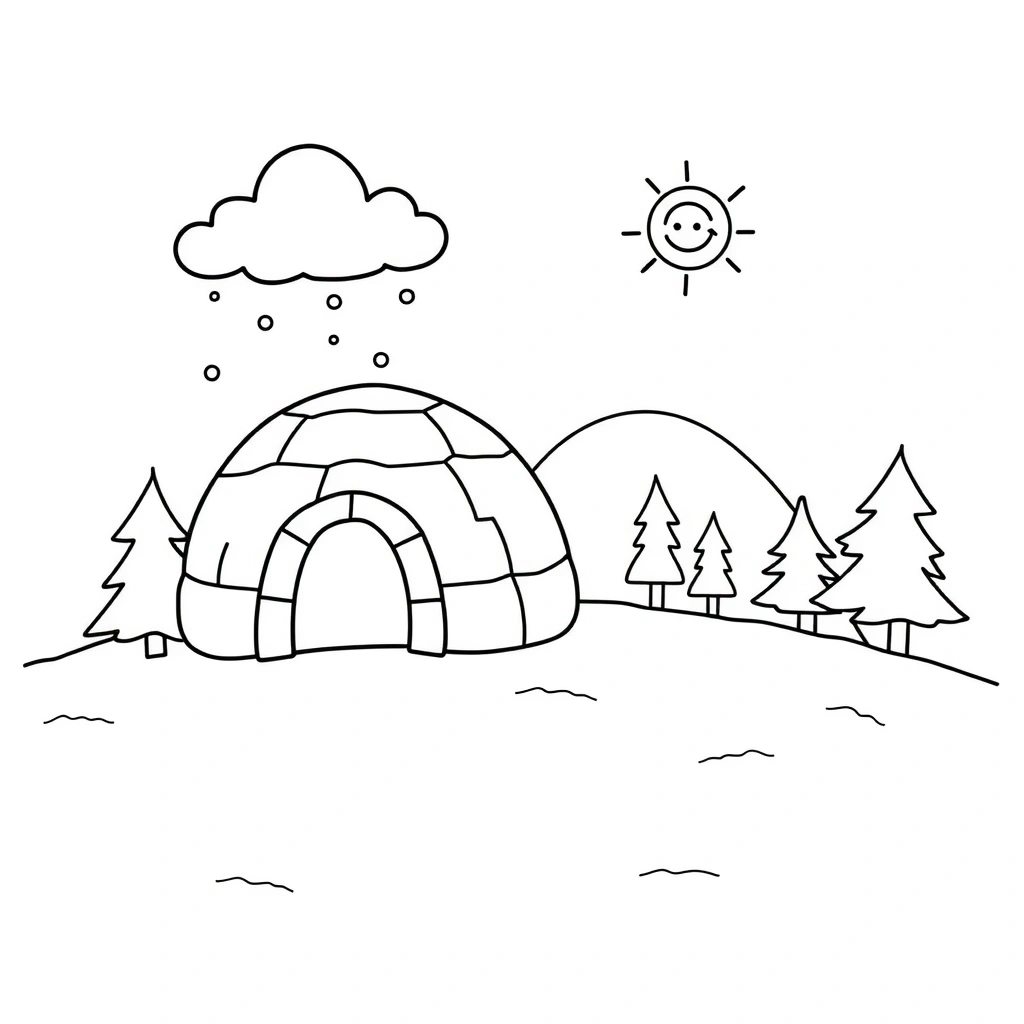 Kolorowanka: Zimowy krajobraz z igloo - Kolorowanki - Pierwszy Dzień Zimy