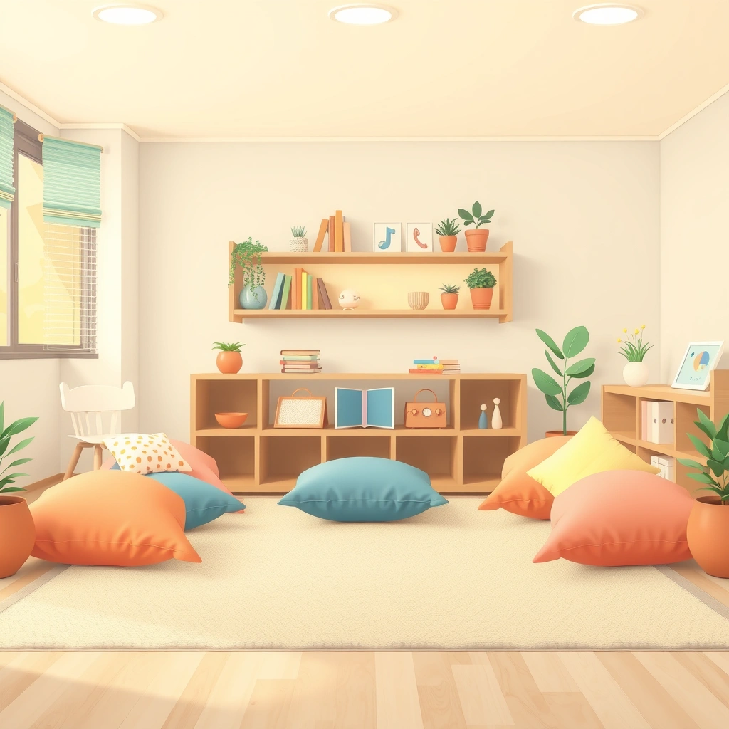 Obrazek: kącik relaksu z miękkimi poduszkami i odtwarzaczem muzyki - Materiały - Tłusty Czwartek