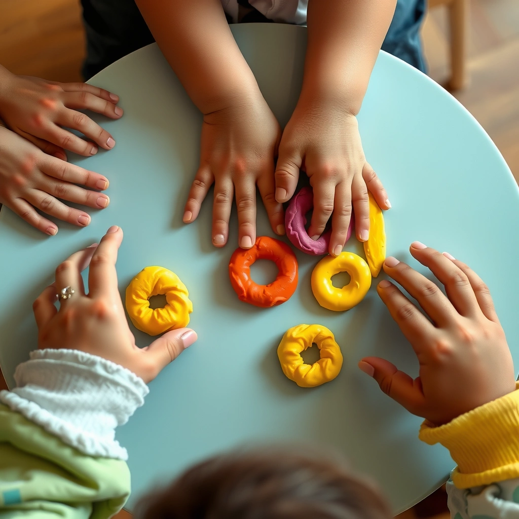 Zbliżenie: dłonie dzieci ugniatają plastelinę (sensoryka) - Materiały - Tłusty Czwartek