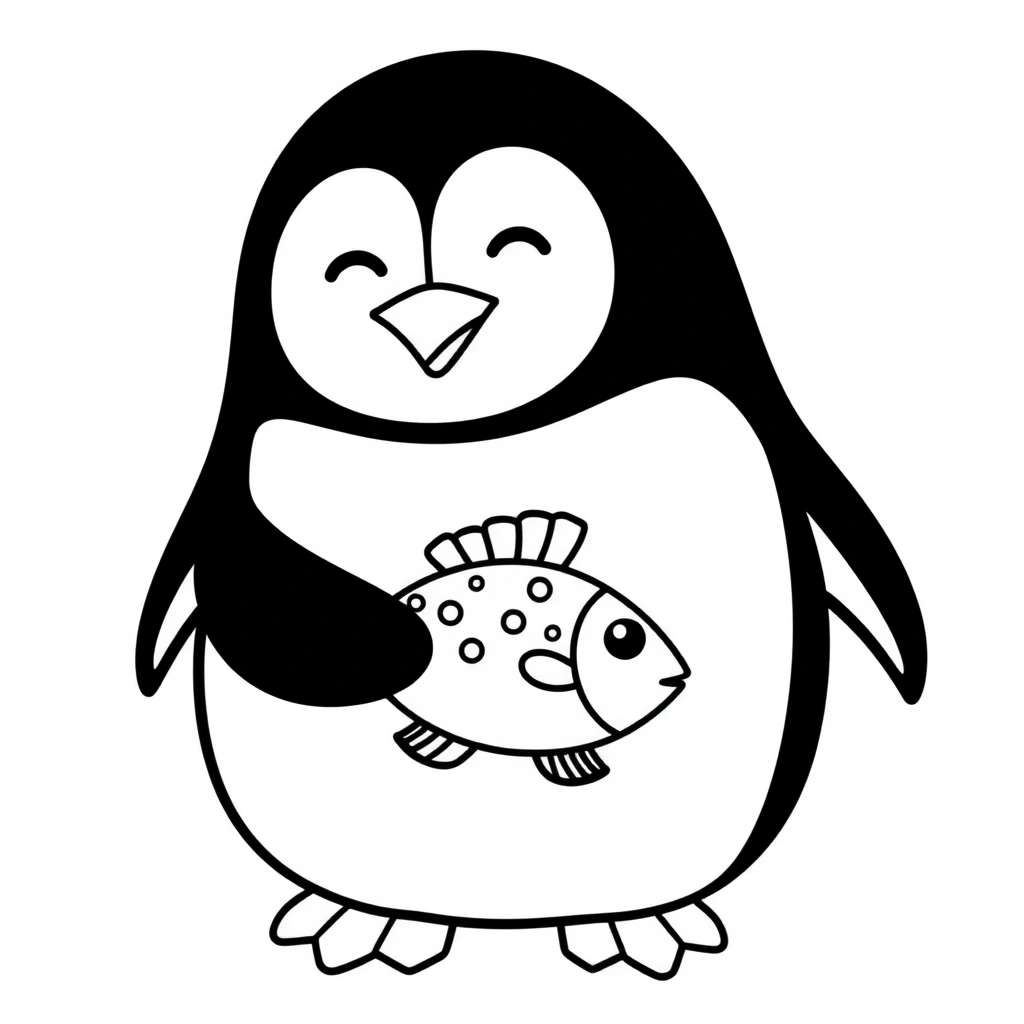 Kolorowanka — prosty pingwin z rybką - Kolorowanki - Dzień Pingwina