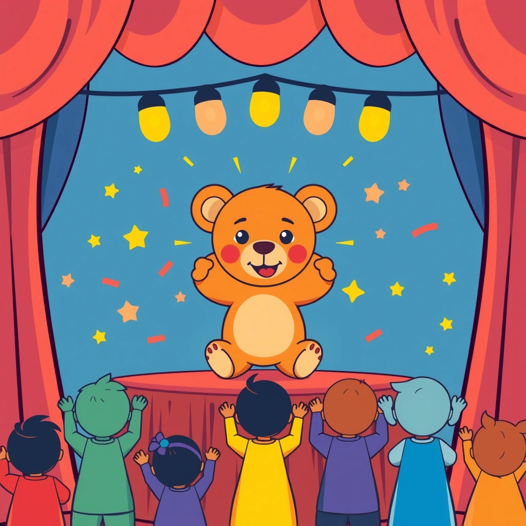 Ilustracja pacynkowego przedstawienia — misio na scenie - Materiały - Dzień Teatru