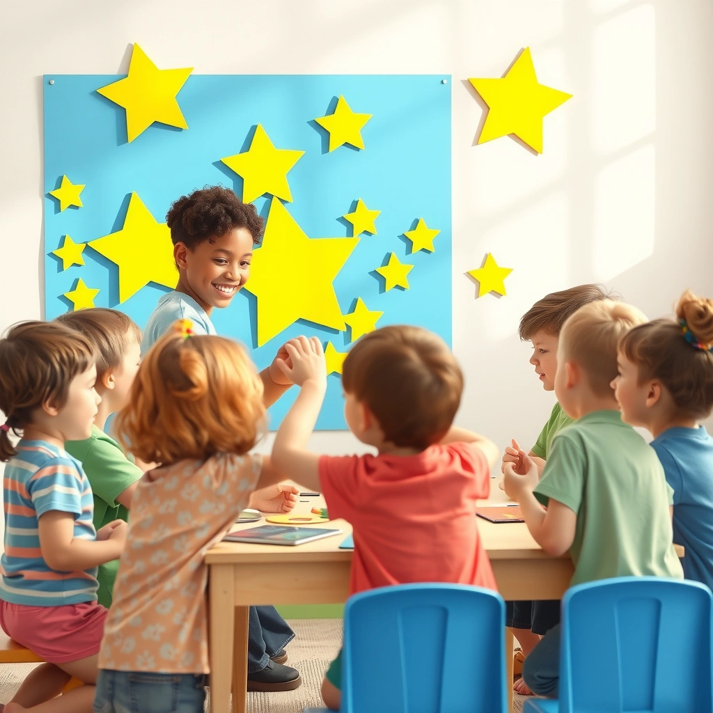 Ilustracja dzieci przyklejających gwiazdki - Materiały - Dzień Unii Europejskiej