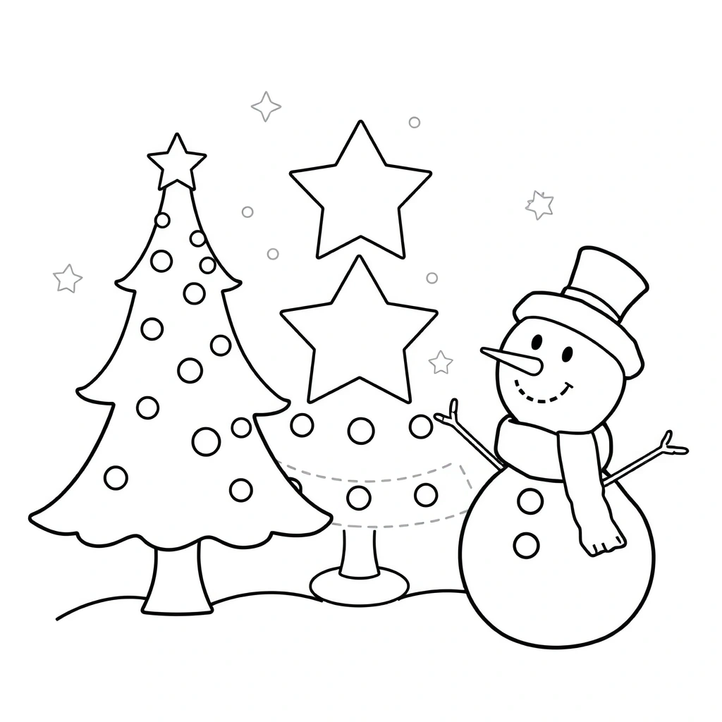 Kolorowanka: choinka, gwiazda, bałwanek - Kolorowanki - Boże Narodzenie