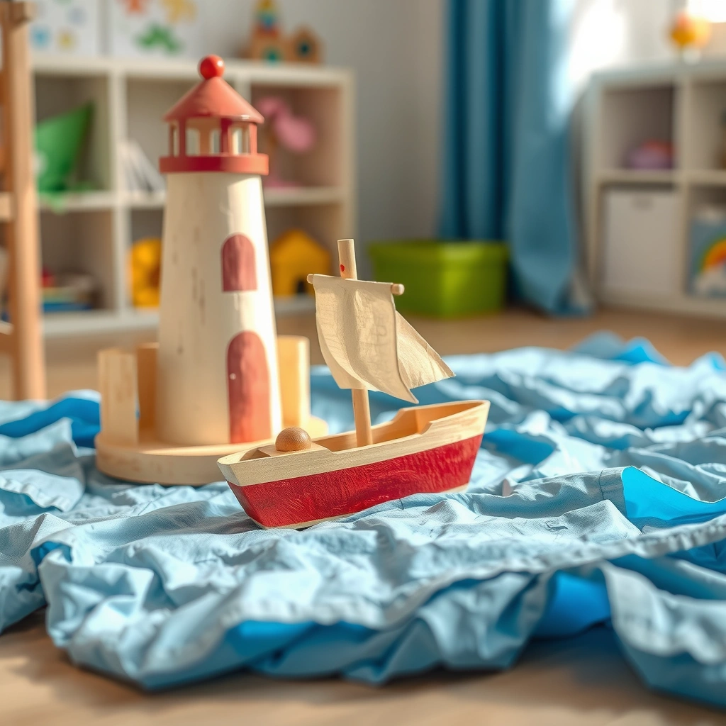 Scenka: statek na 'morzu' z latarnią - Materiały - Dzień Latarni Morskich