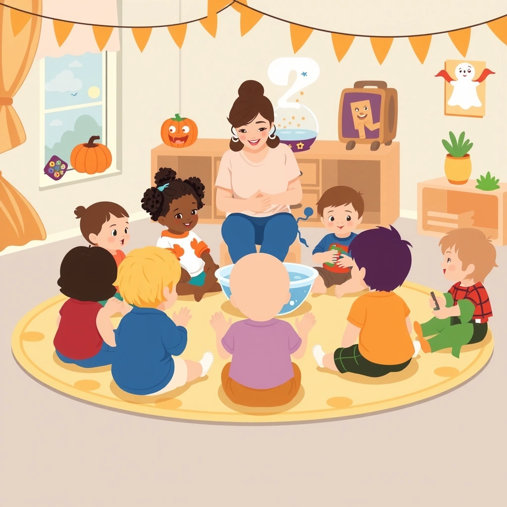 Ilustracja sceny: Dzieci w kole podczas zajęć - Materiały - Halloween