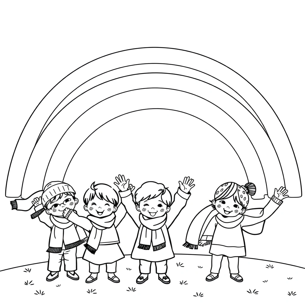 Kolorowanka: Tęcza i dzieci z chusteczkami - Kolorowanki - Dzień Tęczy