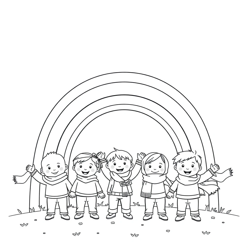 Kolorowanka: Tęcza i dzieci z chusteczkami - Kolorowanki - Dzień Tęczy