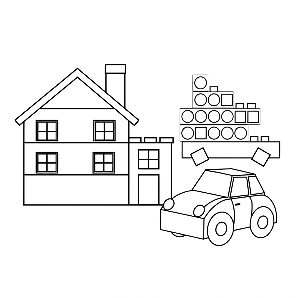 Karty do kolorowania: dom, wieża, auto - Kolorowanki - Międzynarodowy Dzień Lego
