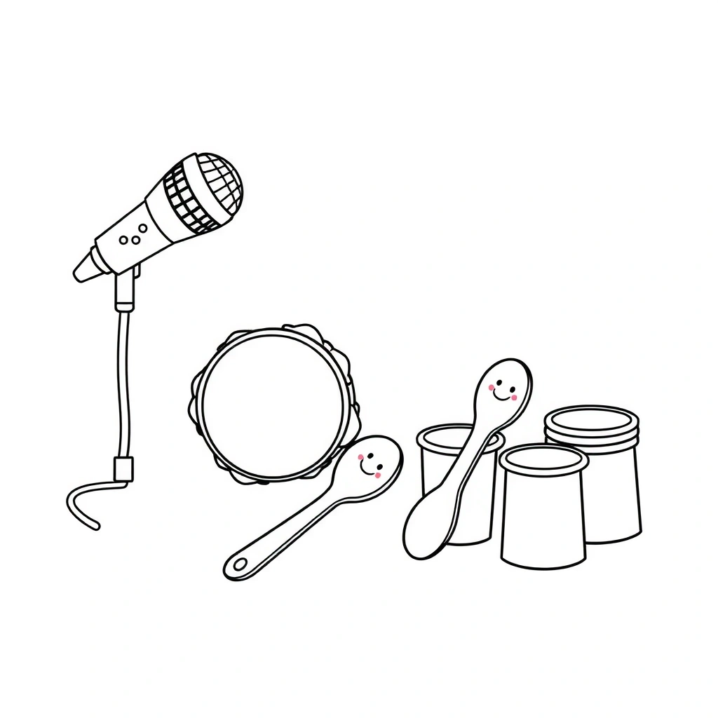 Strona do kolorowania — mikrofon i instrumenty - Kolorowanki - Dzień Radia